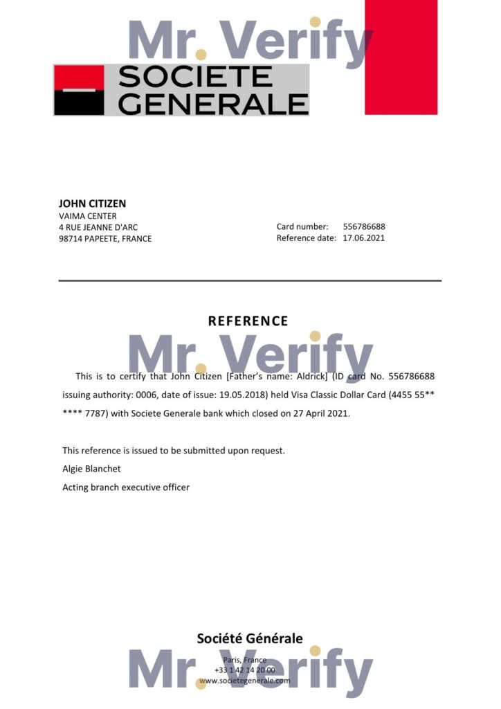 Download France Société Générale Bank Reference Letter Templates Editable Word