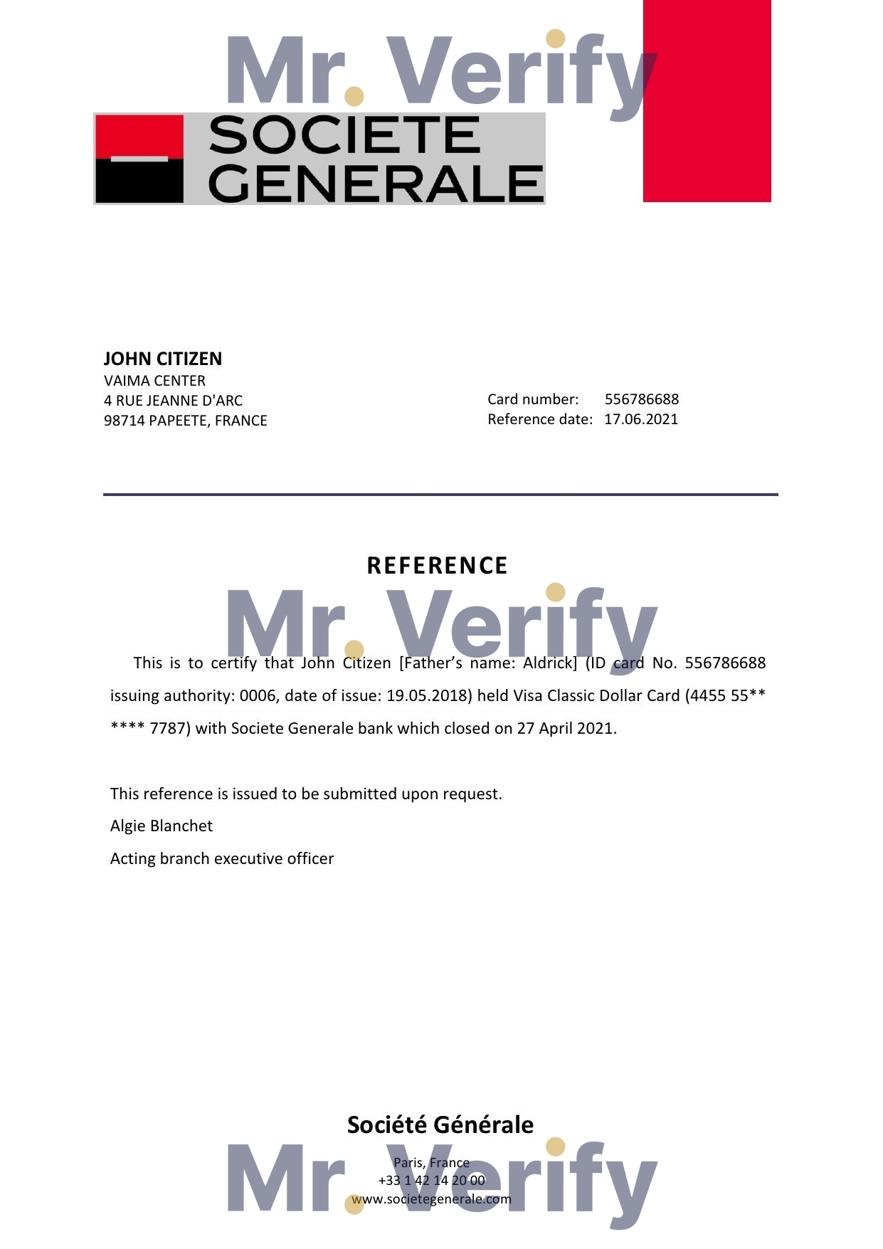Download France Société Générale Bank Reference Letter Templates | Editable Word