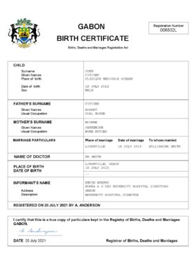Gabon vital record birth certificate Word and PDF template, completely editable