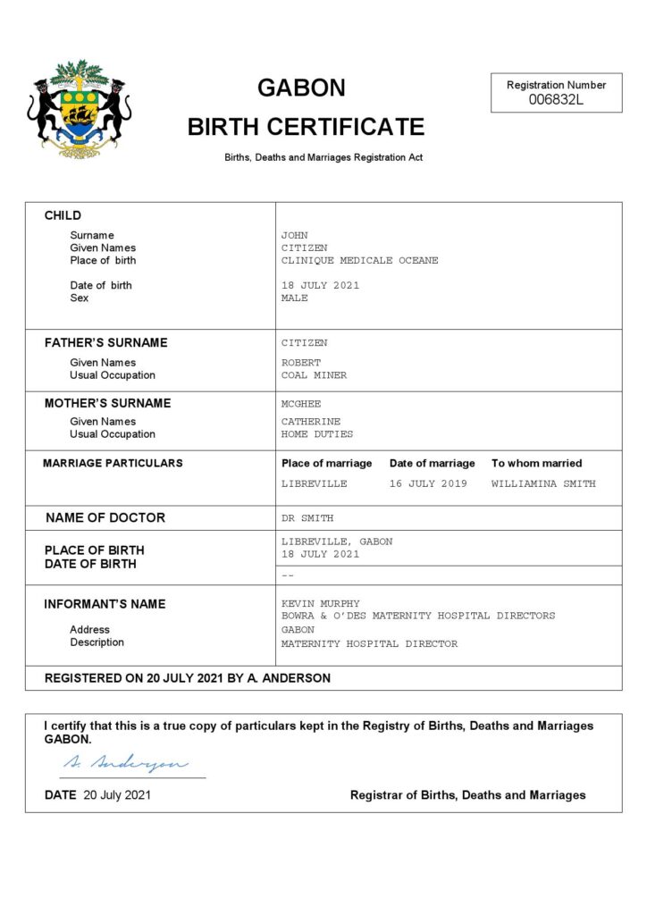 Gabon vital record birth certificate Word and PDF template, completely editable