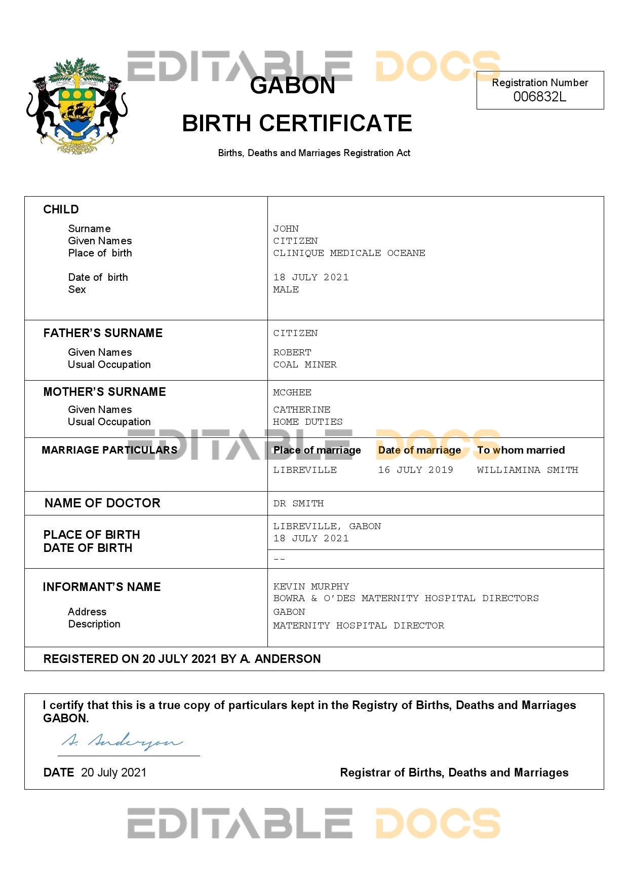 Authentic Gabon Birth Certificate Template | Customize and Download Online