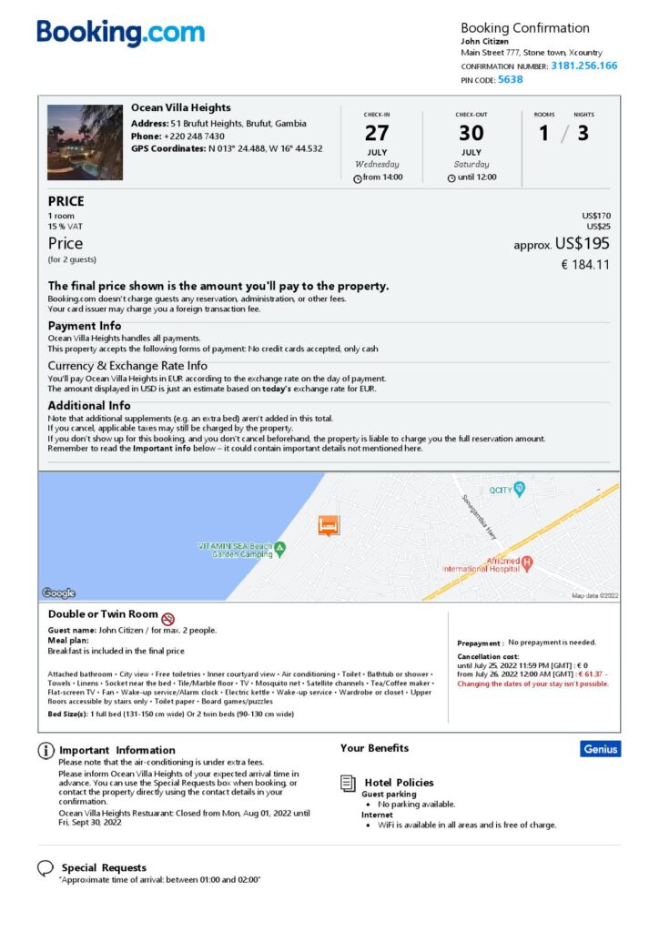 Editable Gambia Hotel Booking Form Template | Fillable PDF