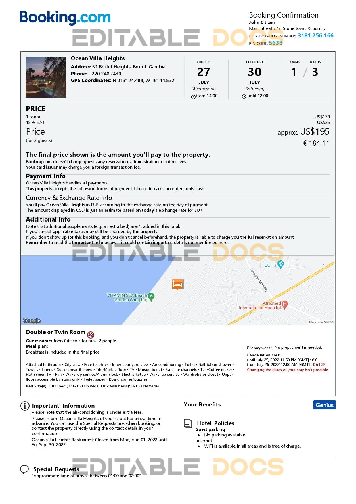Editable Gambia Hotel Booking Form Template | Fillable PDF