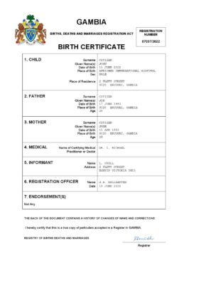 Gambia birth certificate Word and PDF template, completely editable
