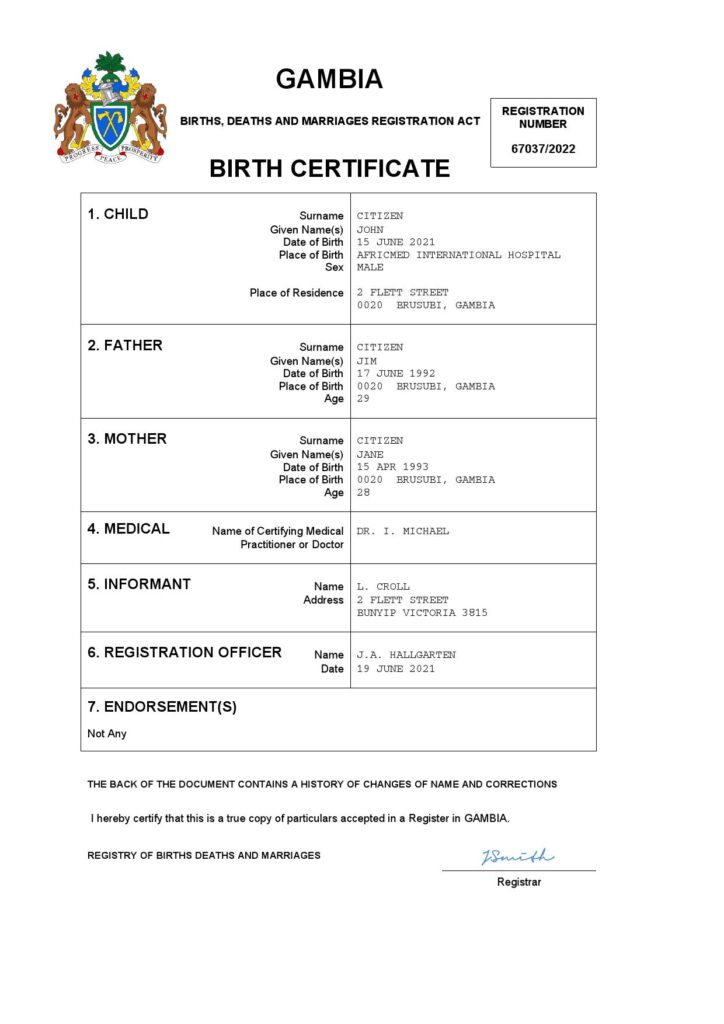 Gambia birth certificate Word and PDF template, completely editable