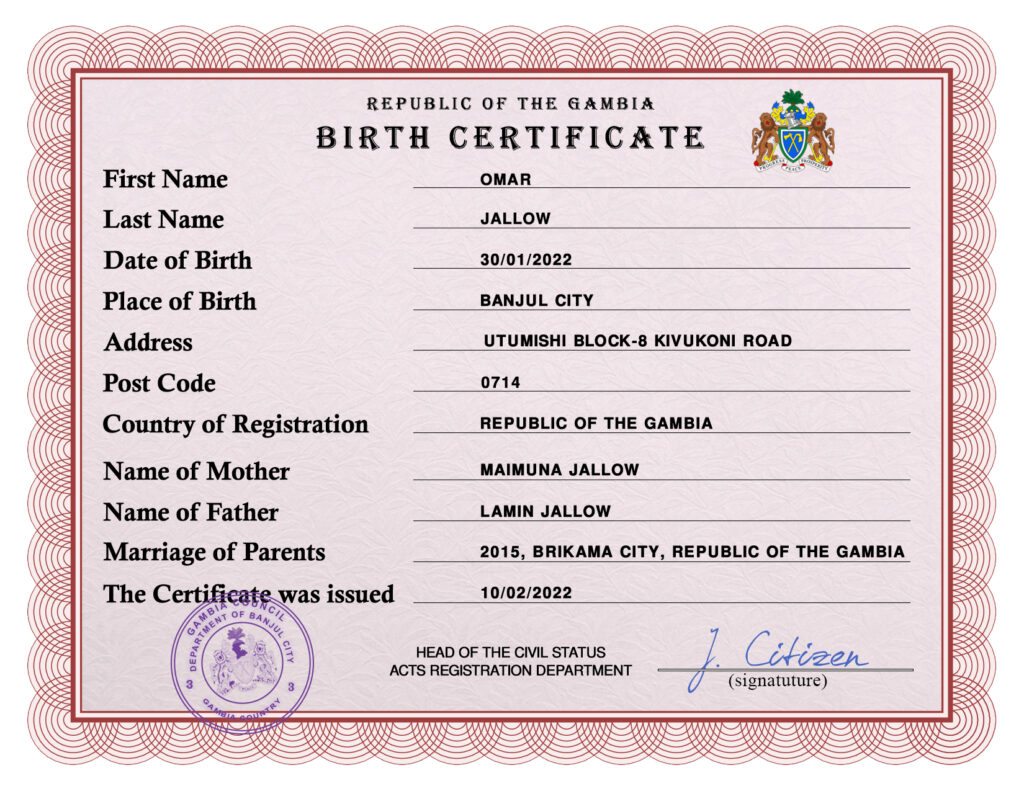 Authentic Gambia Birth Certificate Template | Customize and Download Online