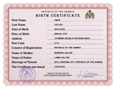 Authentic Gambia Birth Certificate Template | Customize and Download Online