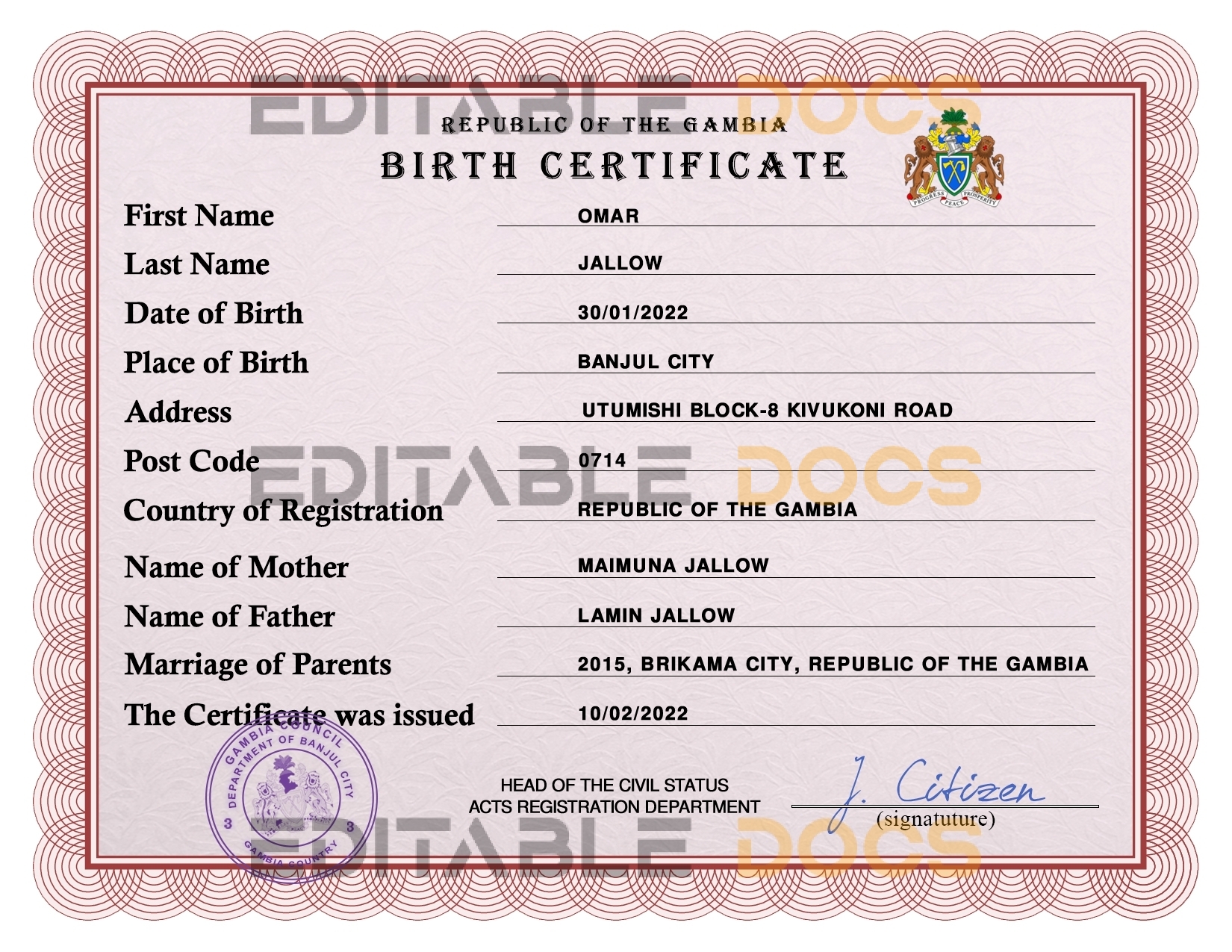 Authentic Gambia Birth Certificate Template | Customize and Download Online