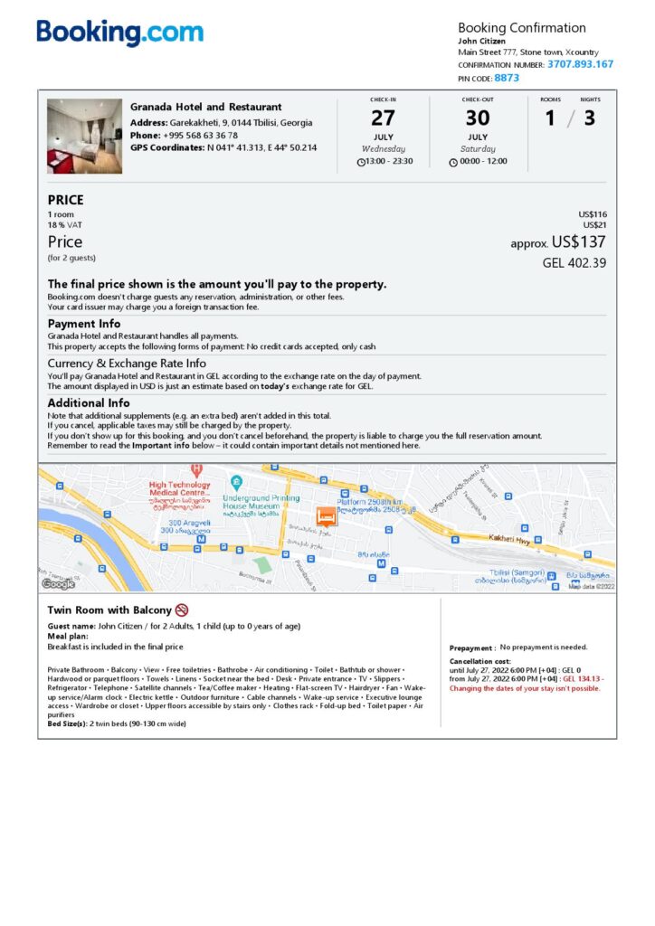 Editable Georgia Hotel Booking Form Template | Fillable PDF