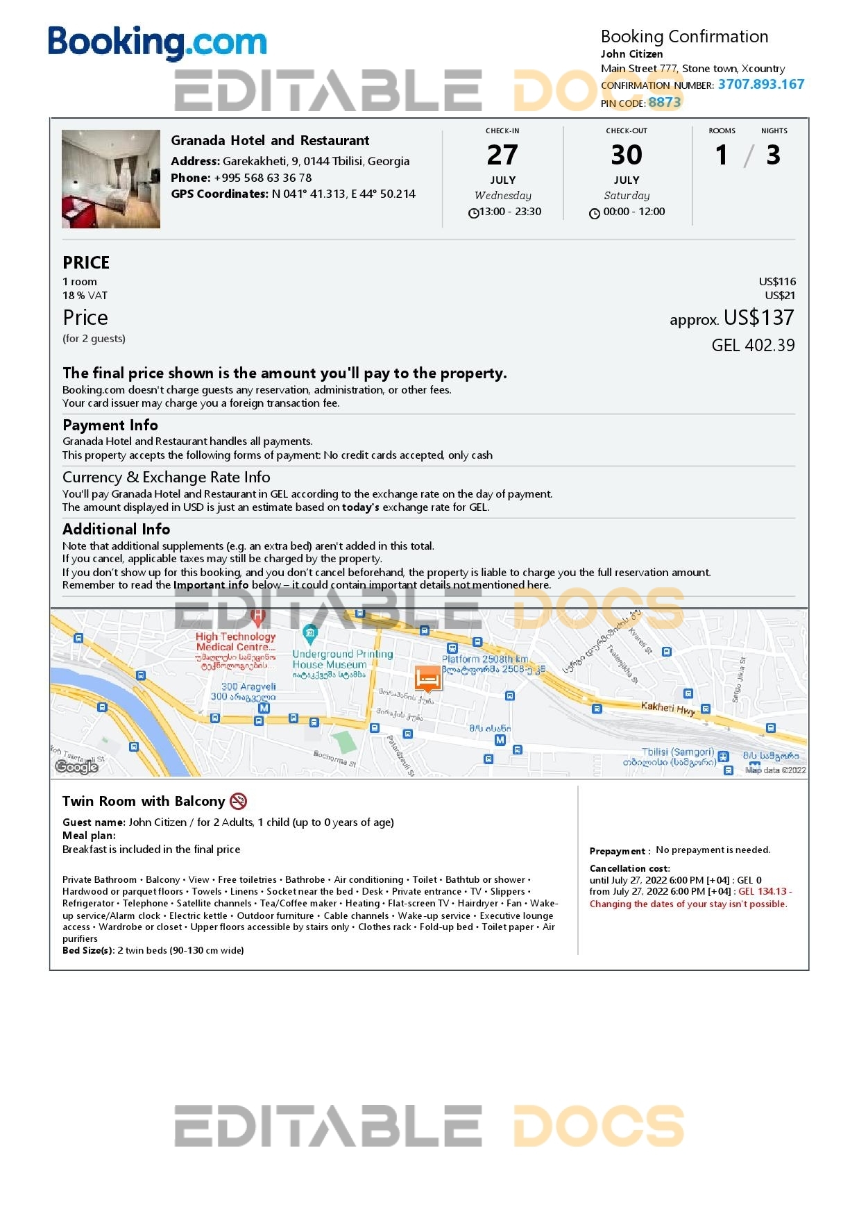 Editable Georgia Hotel Booking Form Template | Fillable PDF