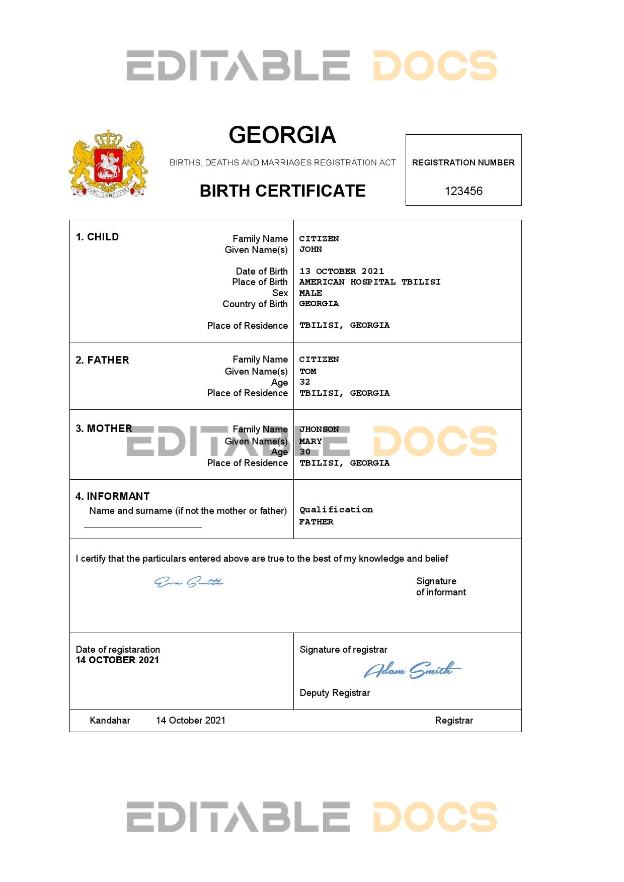 Authentic Georgia Birth Certificate Template | Customize and Download Online