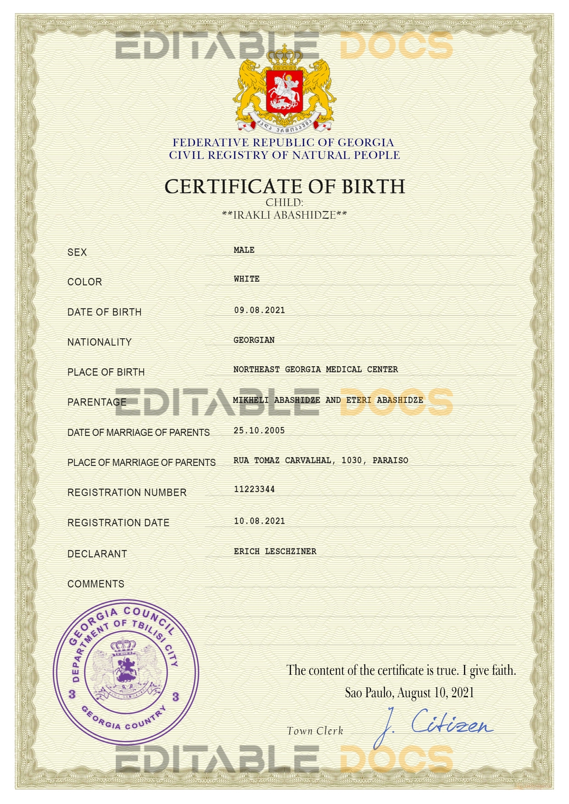 Authentic Georgia Birth Certificate Template | Customize and Download Online