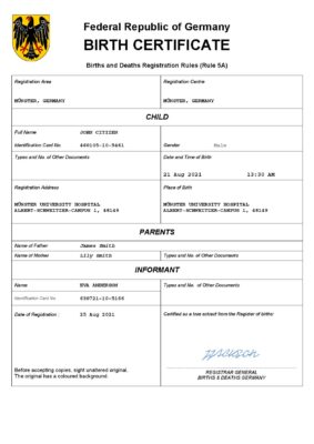 Germany birth certificate Word and PDF template, completely editable