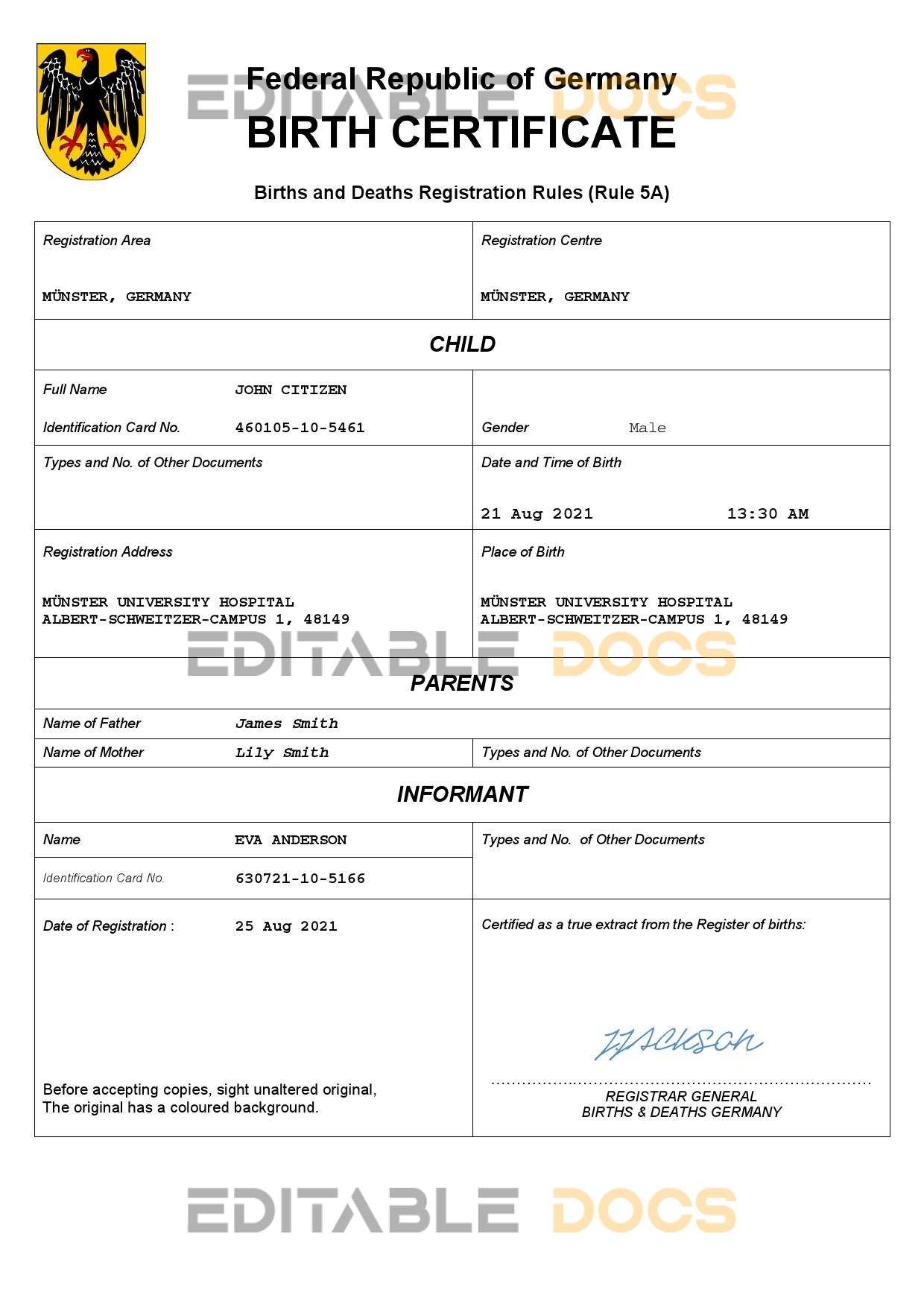 Authentic Germany Birth Certificate Template | Customize and Download Online