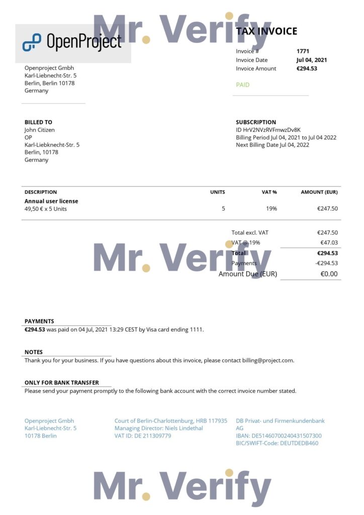 High-Quality Germany OpenProject leading open source project management software Invoice Template PDF | Fully Editable