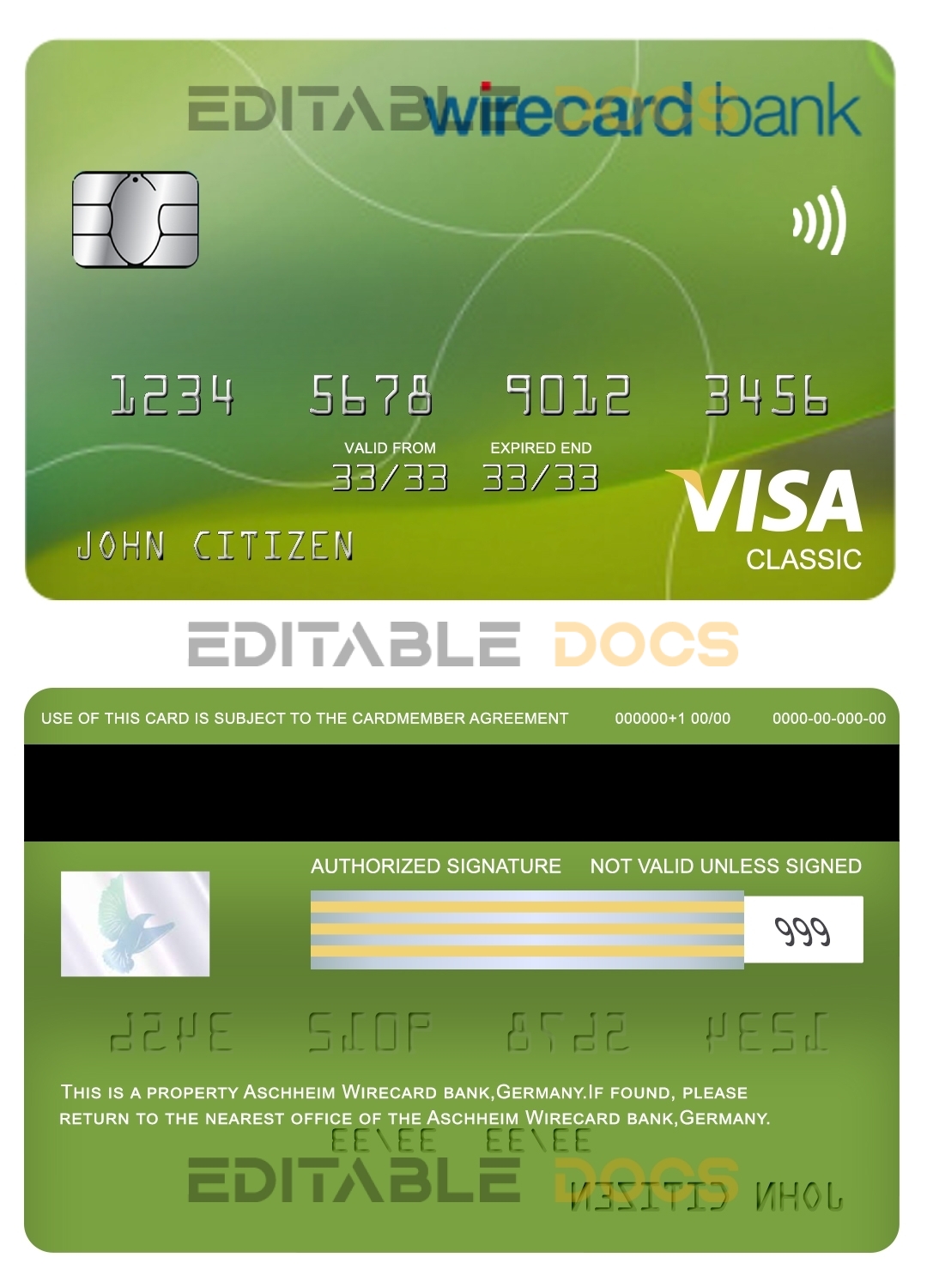Editable Germany Aschheim Wirecard bank visa classic card Templates in PSD Format
