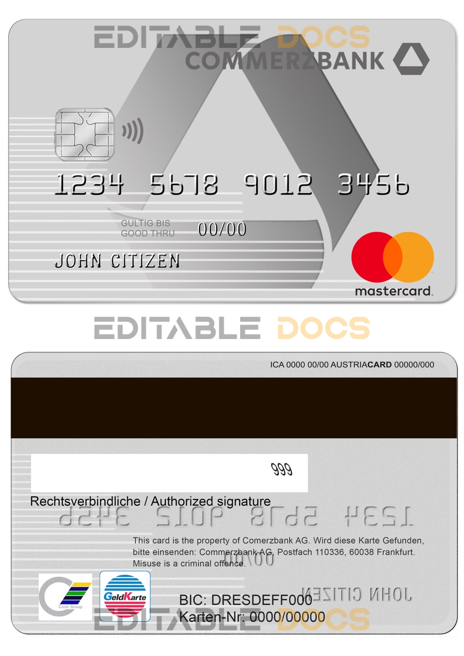 Editable Germany Commerzbank Bank mastercard Templates in PSD Format