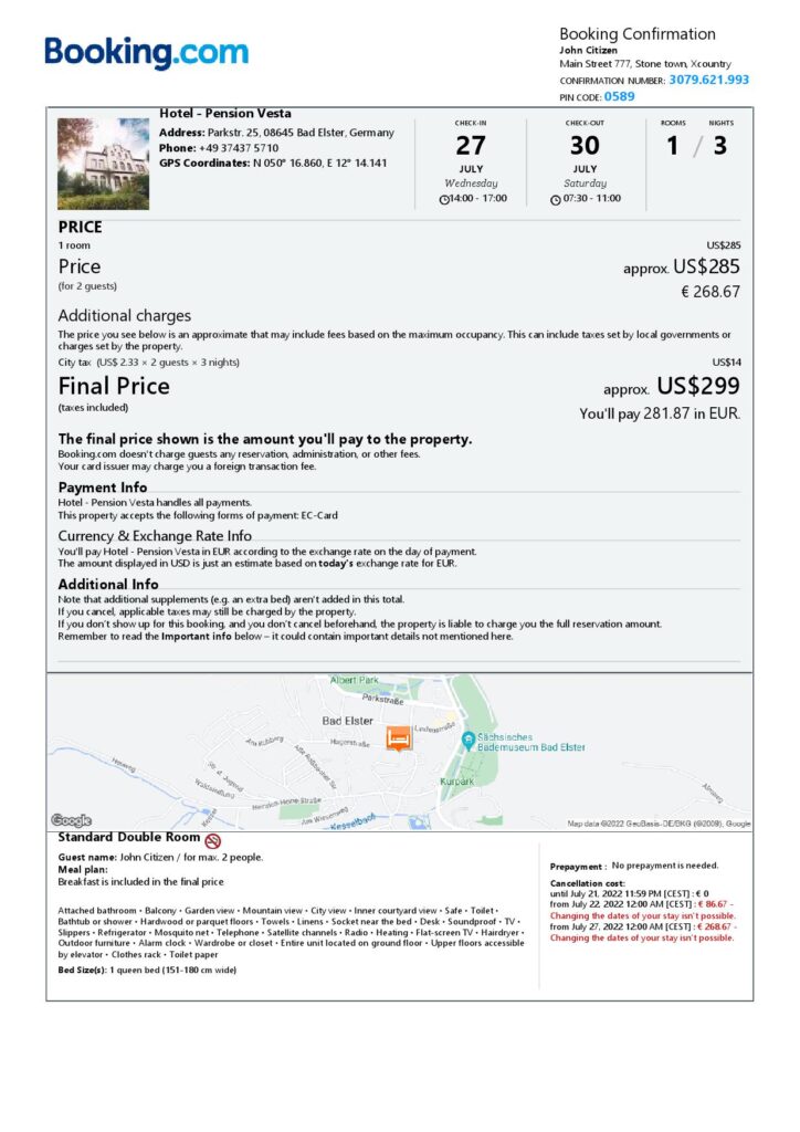Editable Germany Hotel Booking Form Template | Fillable PDF