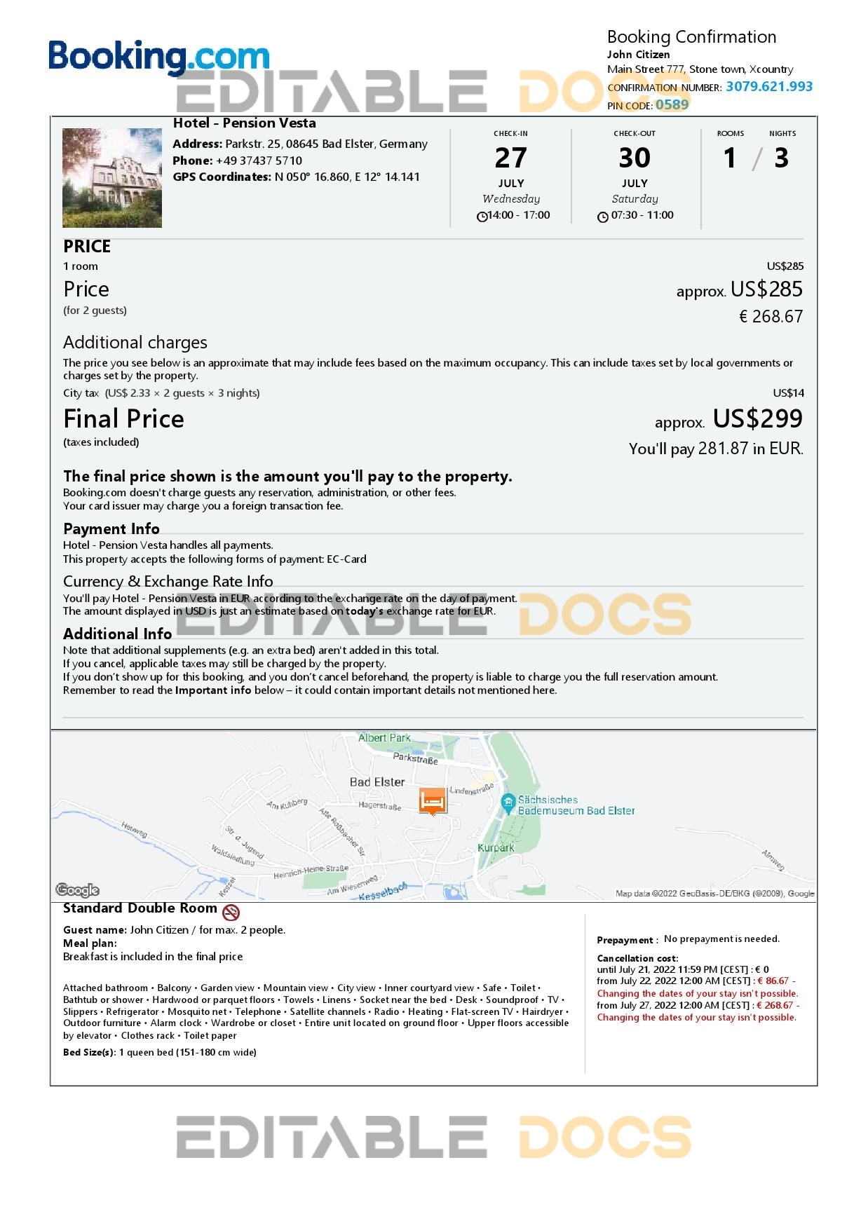 Editable Germany Hotel Booking Form Template | Fillable PDF