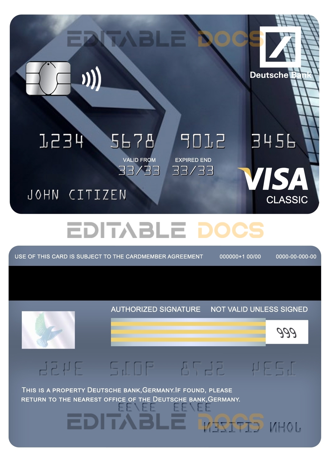 Editable Germany Deutsche bank visa classic card Templates in PSD Format