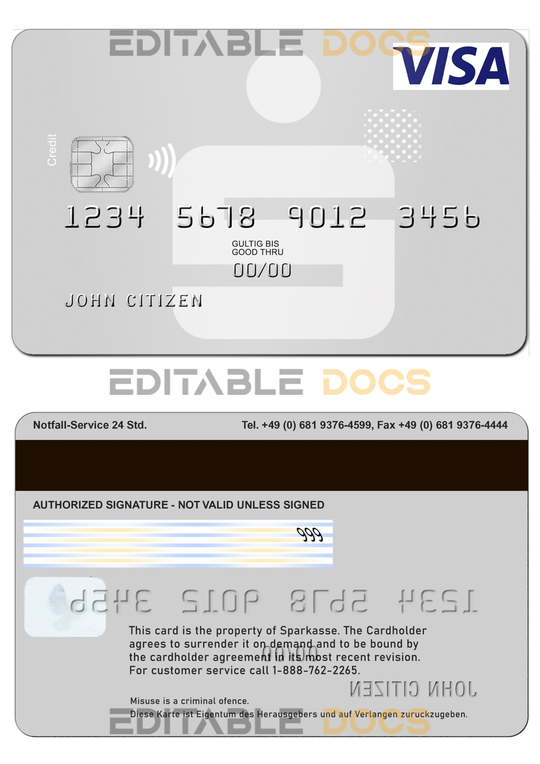 Fillable Germany Sparkasse Bank visa card Templates | Layer-Based PSD