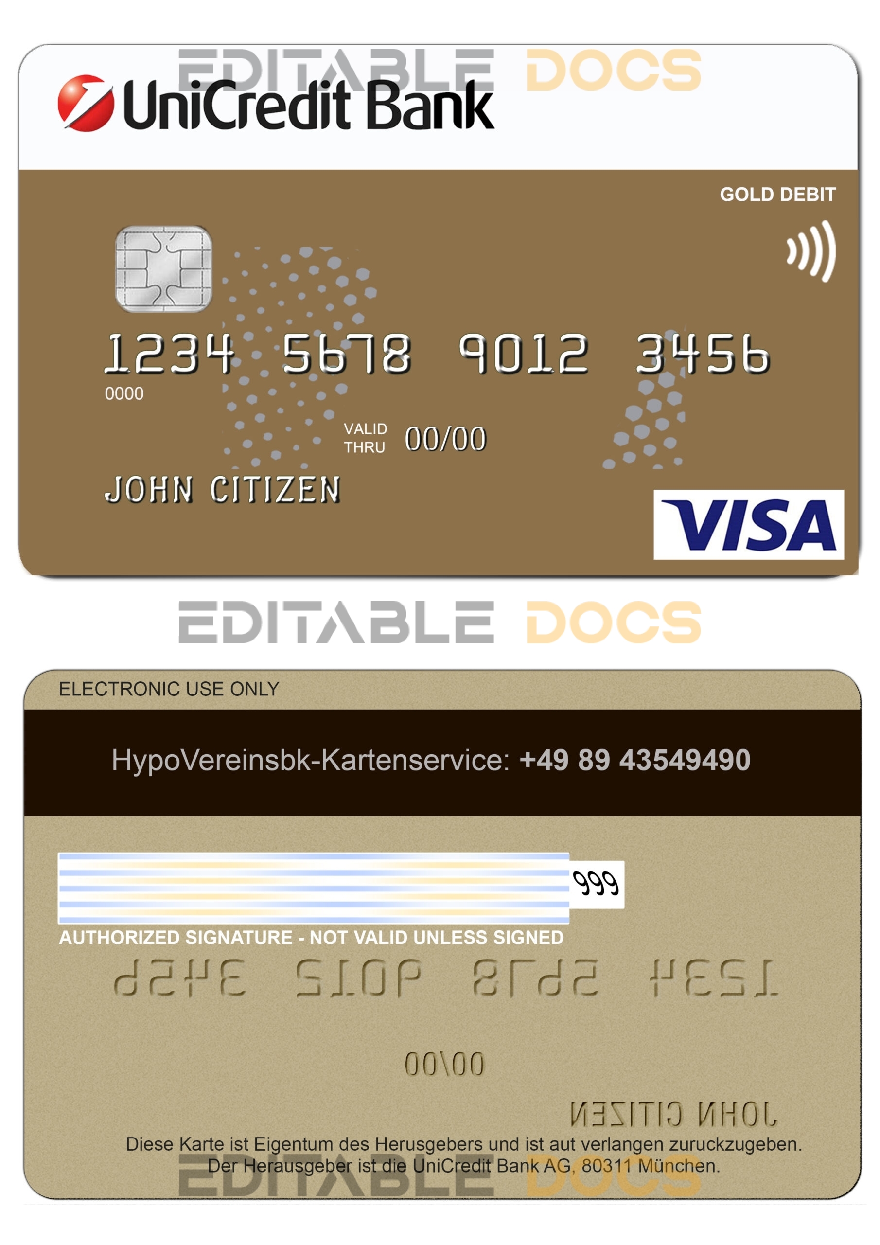 Editable Germany UniCredit Bank visa credit card Templates in PSD Format