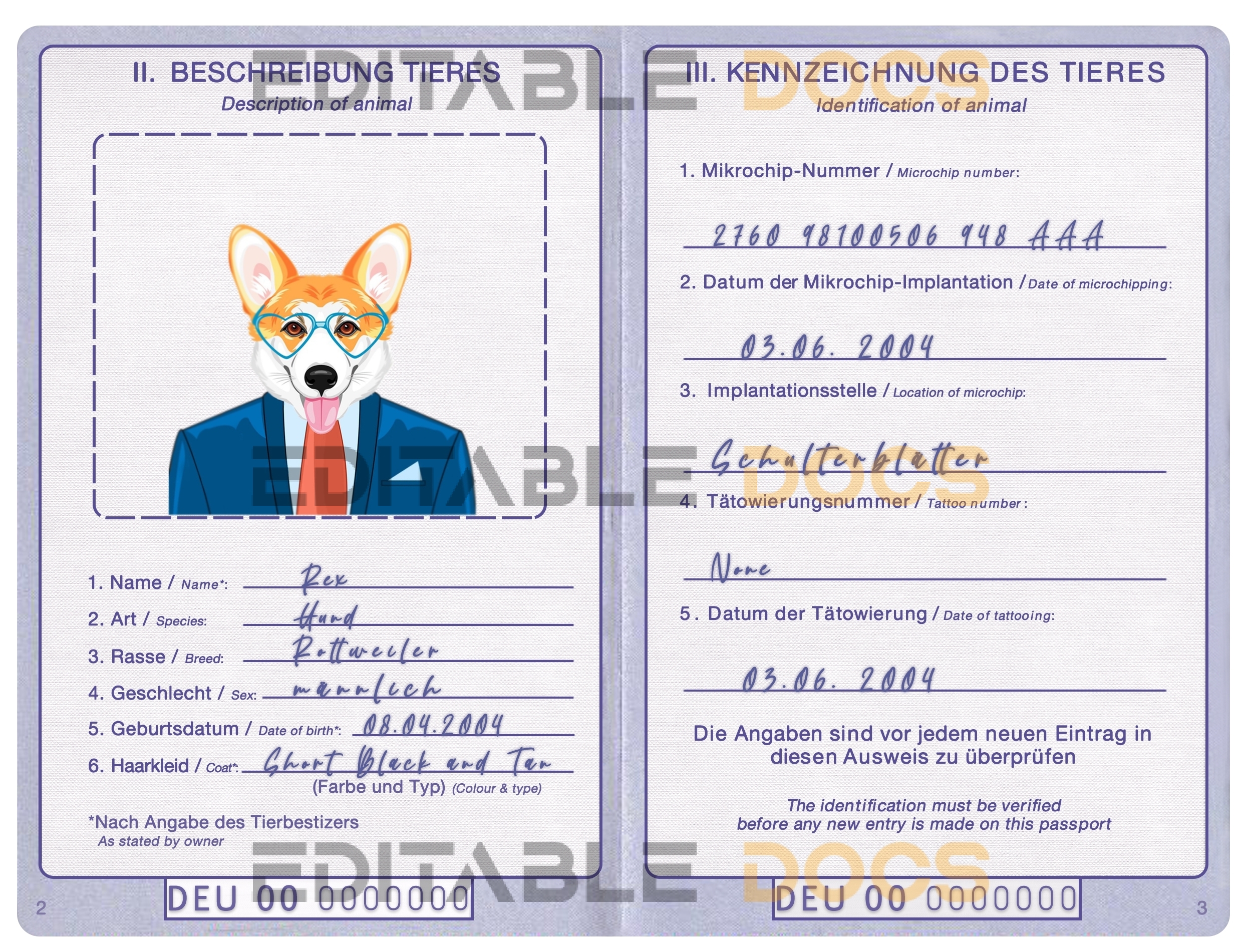Germany dog Fake PSD Passport | Instant Download