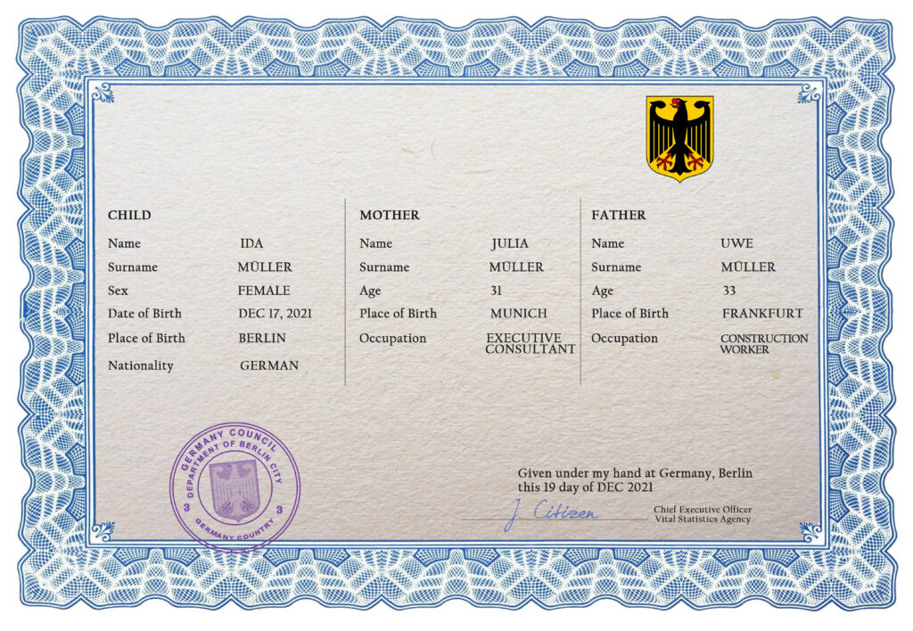 Authentic Germany Birth Certificate Template | Customize and Download Online