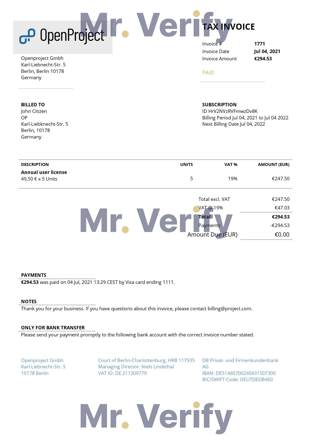 High-Quality Germany OpenProject leading open source project management software Invoice Template PDF | Fully Editable
