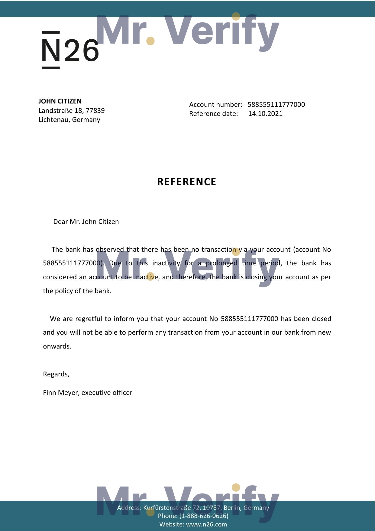 Download Germany N26 Bank Reference Letter Templates | Editable Word