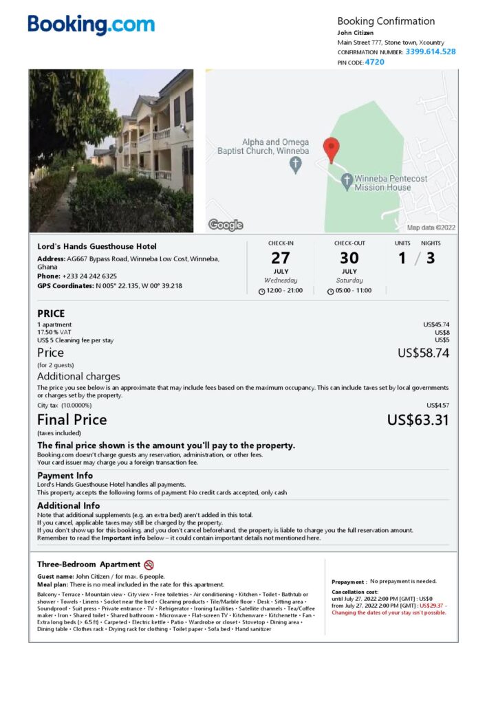 Editable Ghana Hotel Booking Form Template | Fillable PDF
