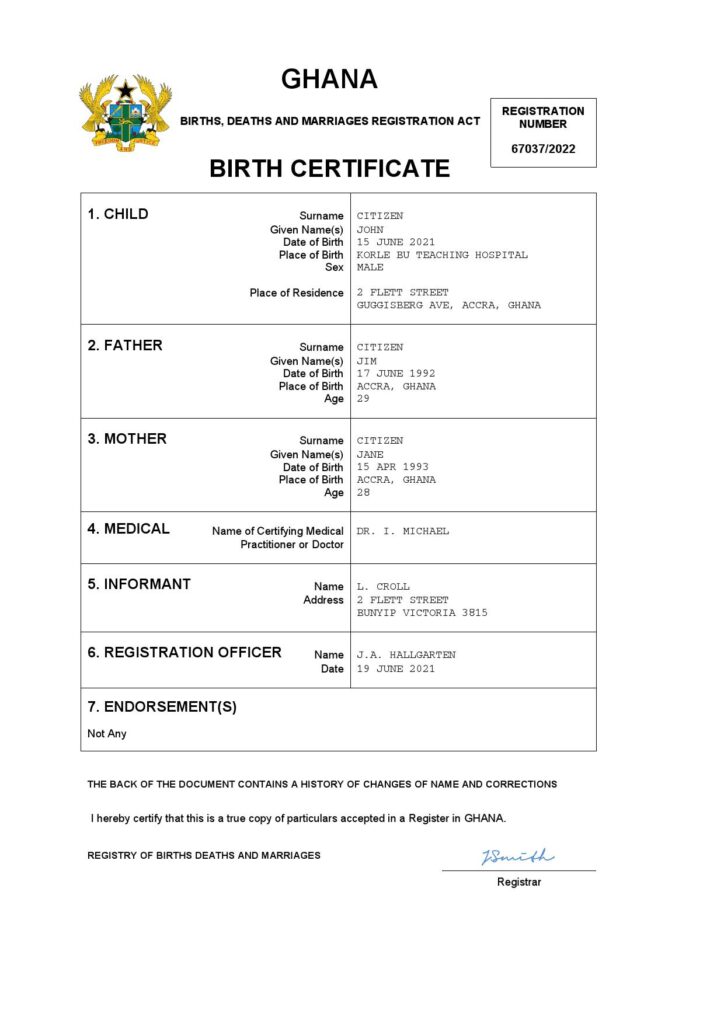 Ghana vital record birth certificate Word and PDF template, completely editable