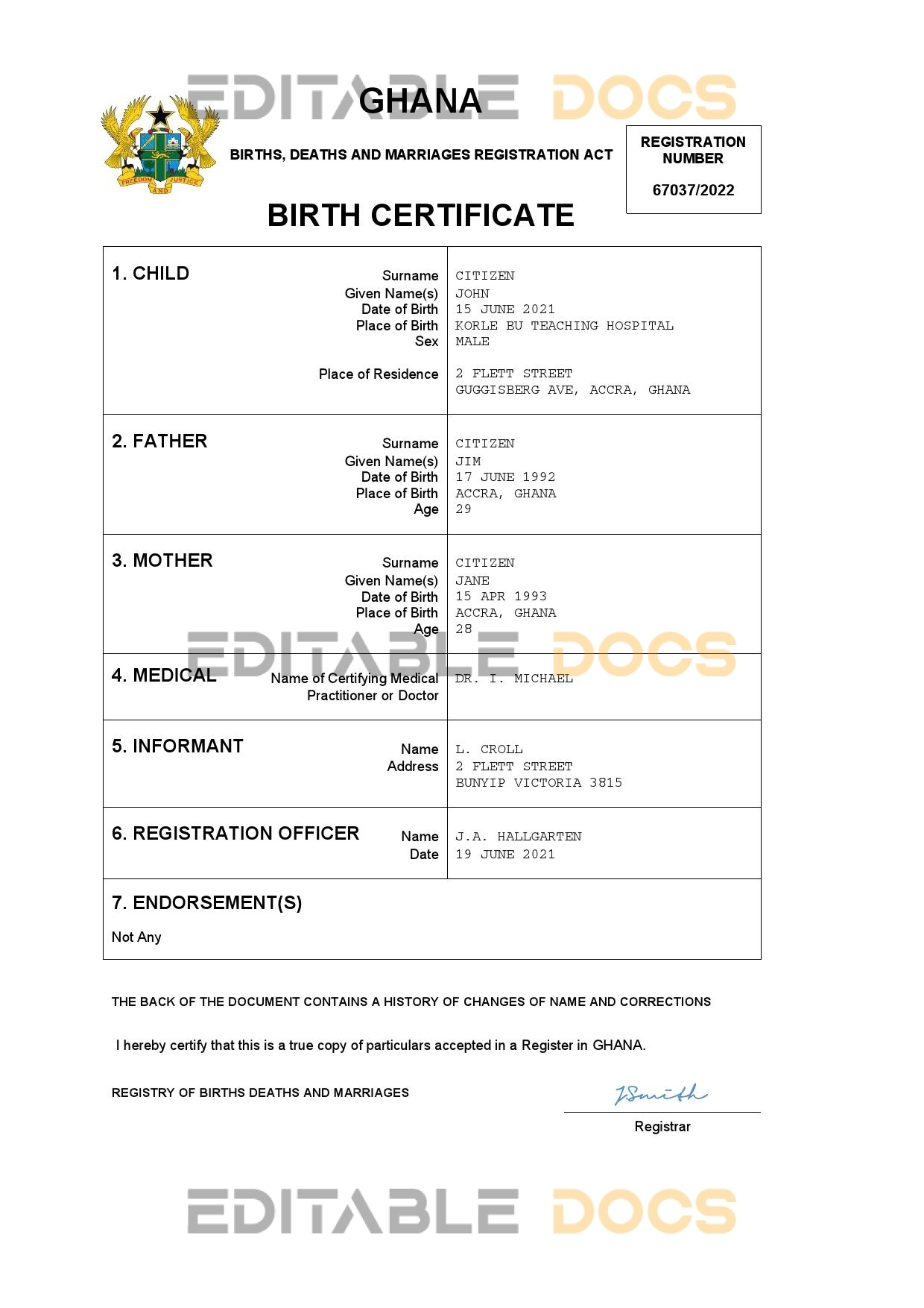Authentic Ghana Birth Certificate Template | Customize and Download Online