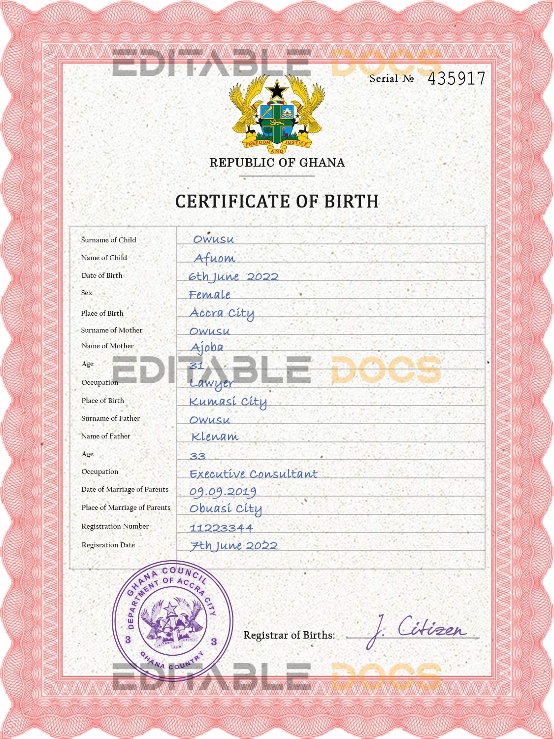 Authentic Ghana Birth Certificate Template | Customize and Download Online
