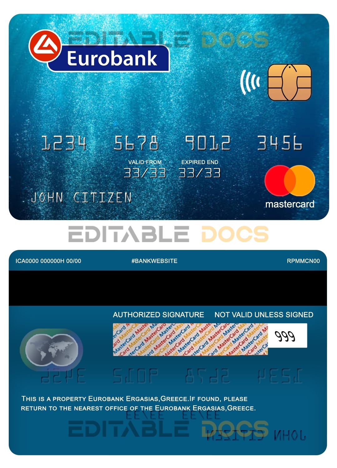 Editable Greece Eurobank Ergasias bank mastercard Templates in PSD Format