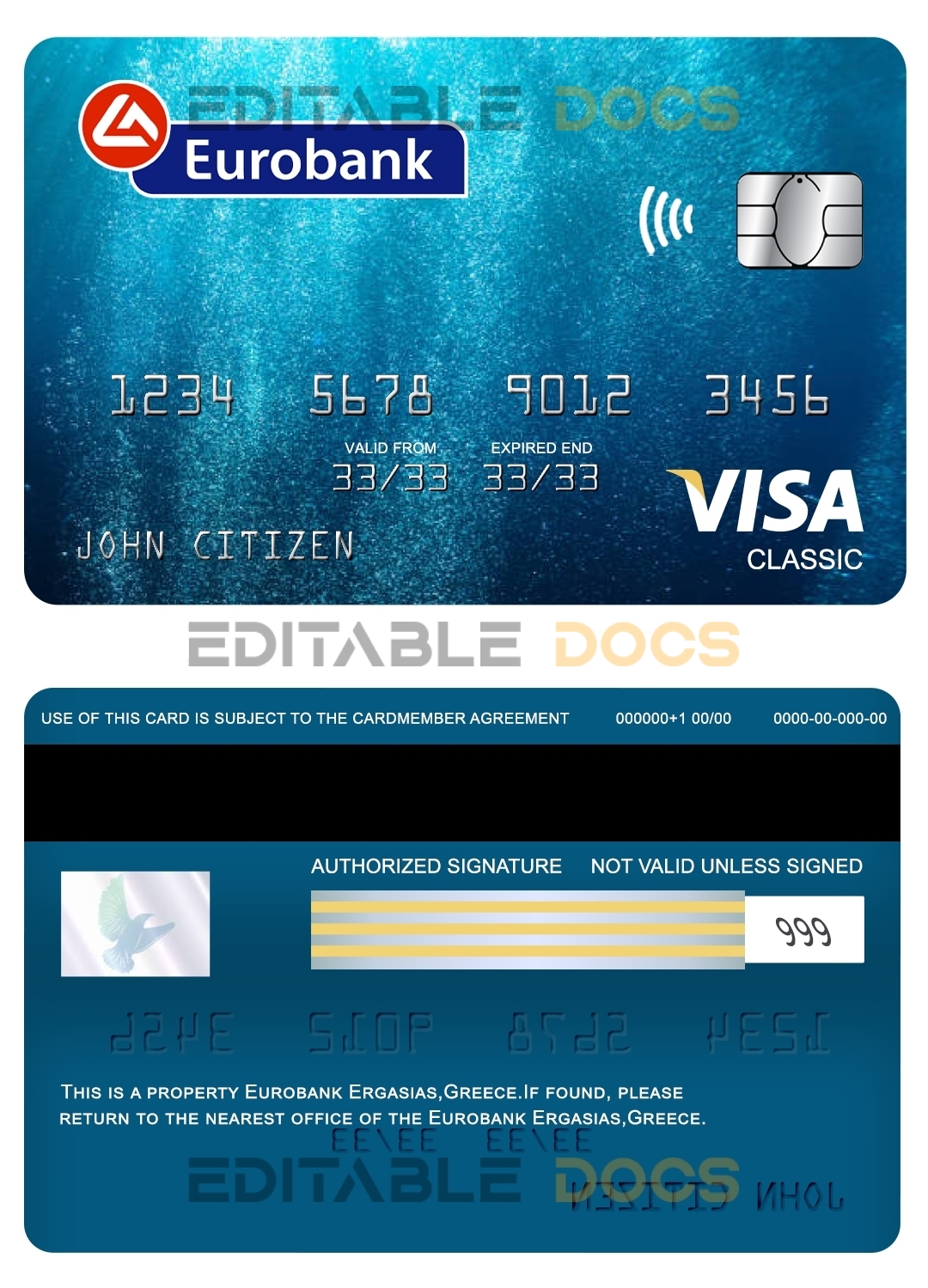 Fillable Greece Eurobank Ergasias bank visa classic card Templates | Layer-Based PSD