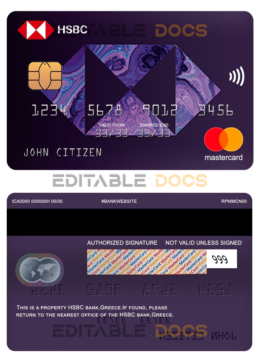 Editable Greece HSBC bank mastercard Templates in PSD Format