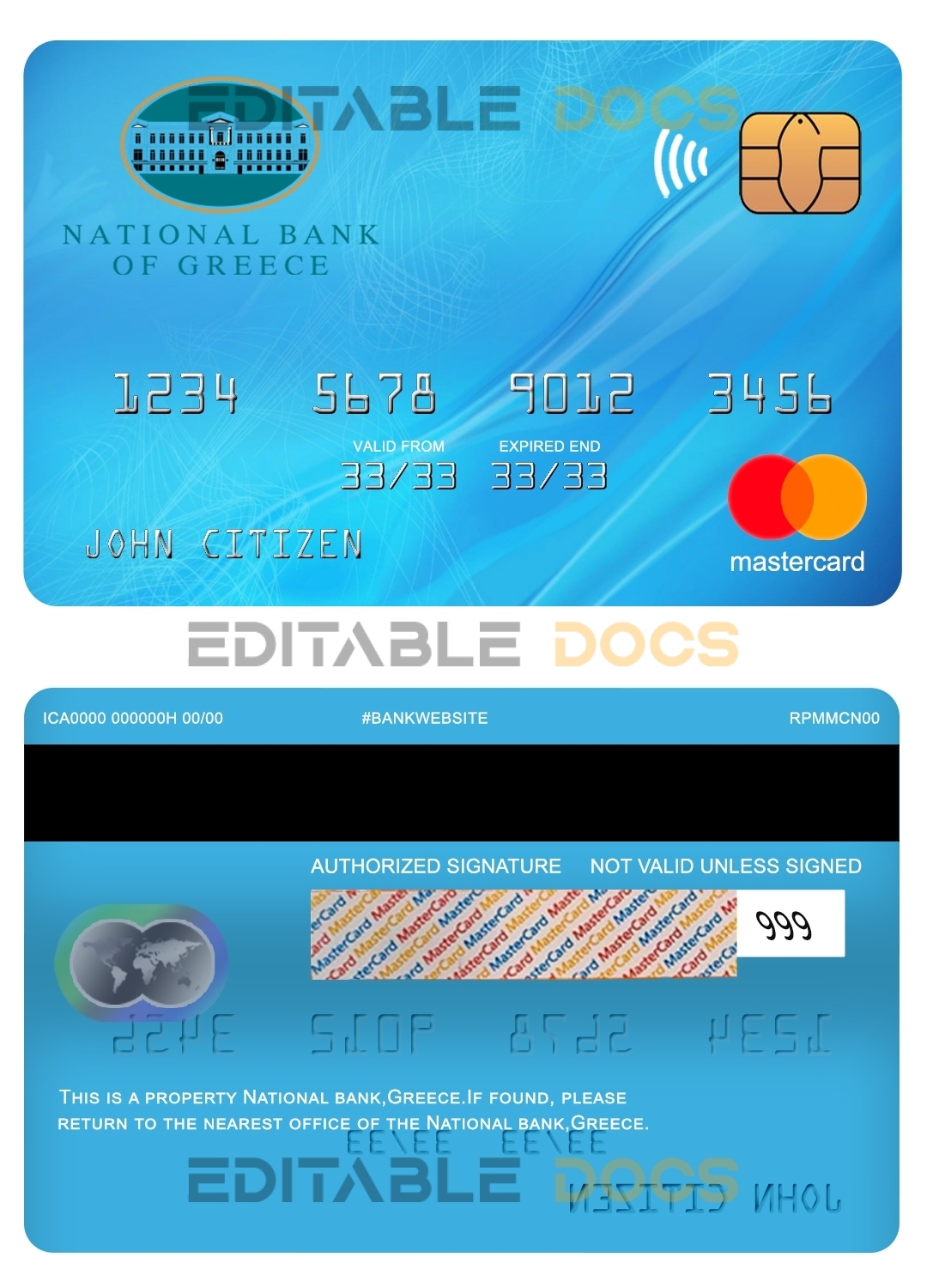Editable Greece National bank mastercard Templates in PSD Format