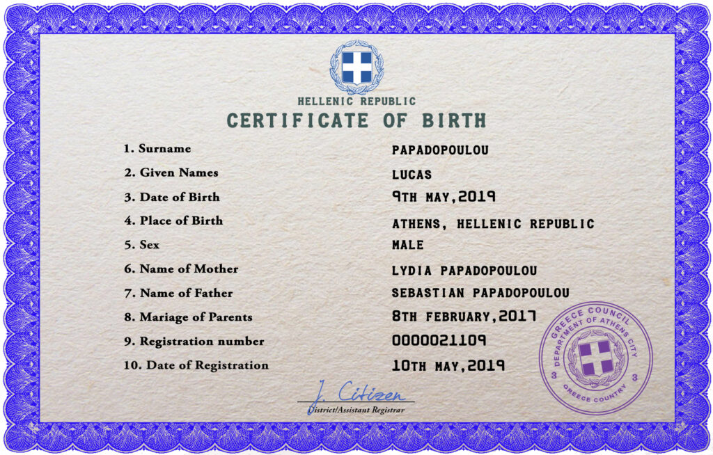 Greece birth certificate PSD template, completely editable