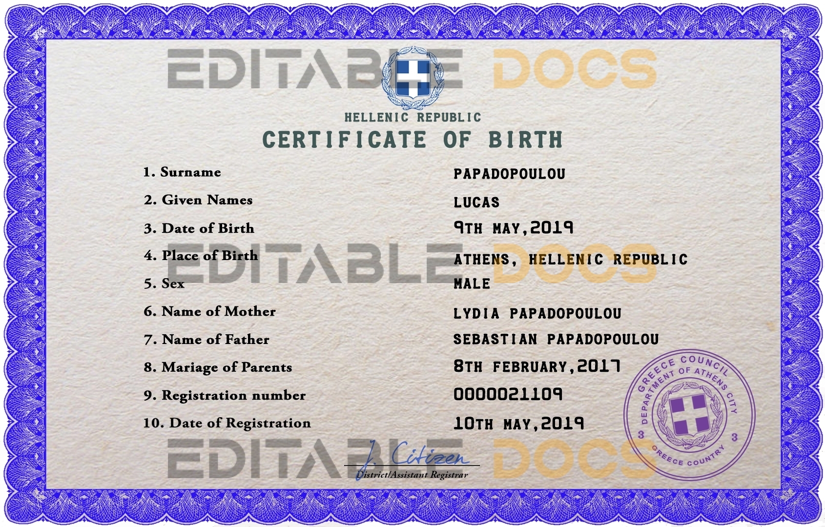 Authentic Greece Birth Certificate Template | Customize and Download Online