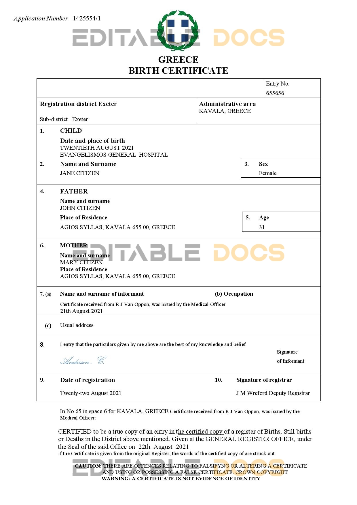 Authentic Greece Birth Certificate Template | Customize and Download Online