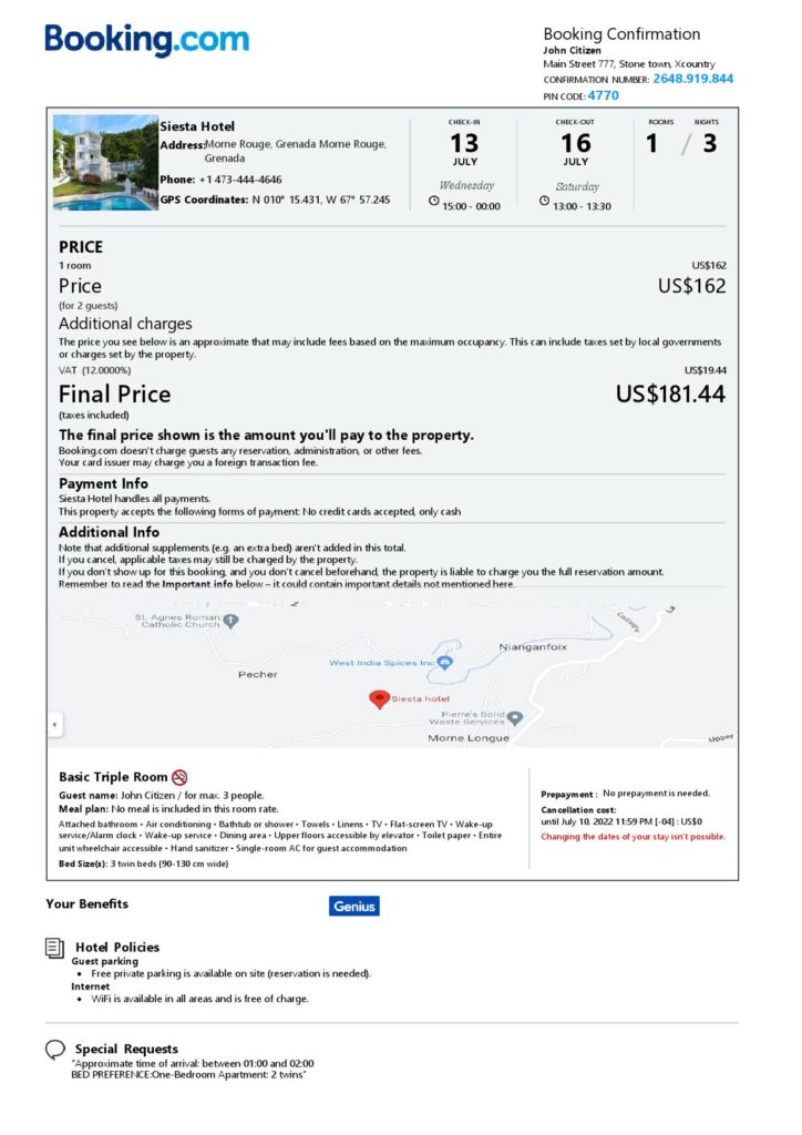 Editable Grenada Hotel Booking Form Template | Fillable PDF