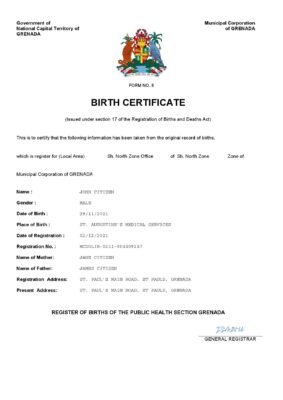 Grenada vital record birth certificate Word and PDF template, completely editable
