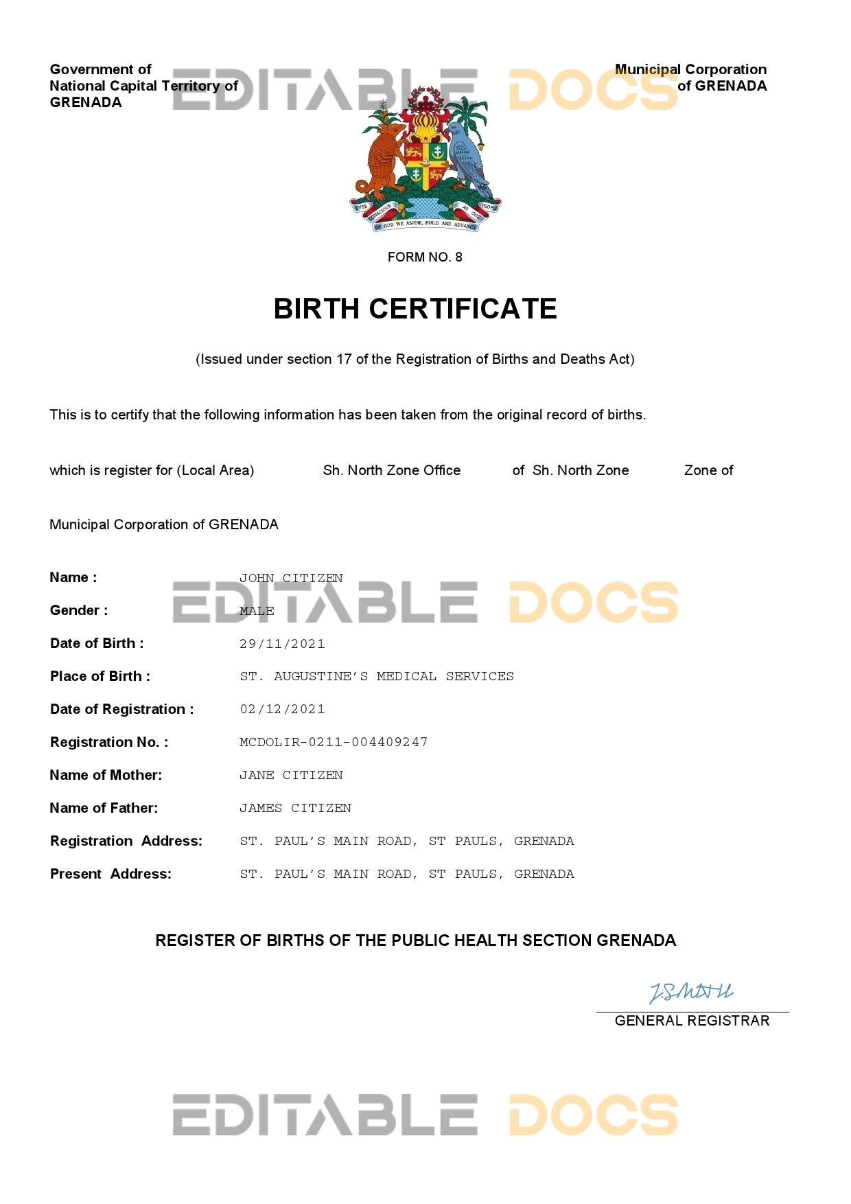 Authentic Grenada vital record Birth Certificate Template | Customize and Download Online