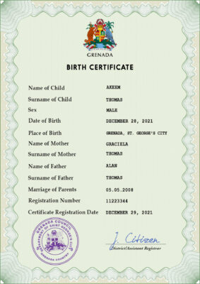 Grenada vital record birth certificate PSD template, fully editable