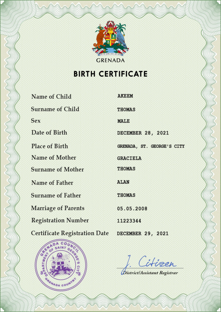 Grenada vital record birth certificate PSD template, fully editable