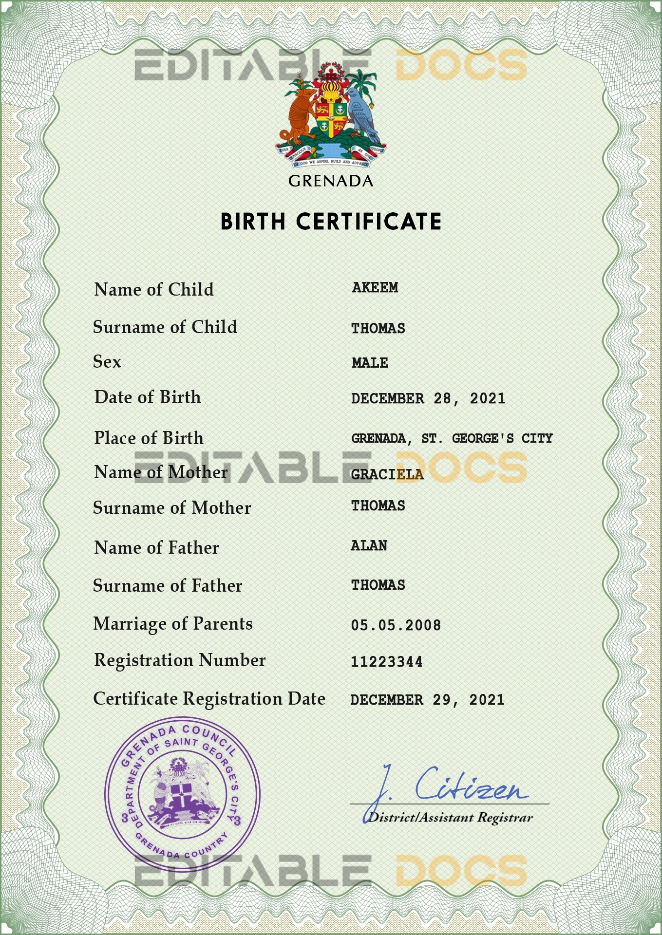 Authentic Grenada Birth Certificate Template | Customize and Download Online