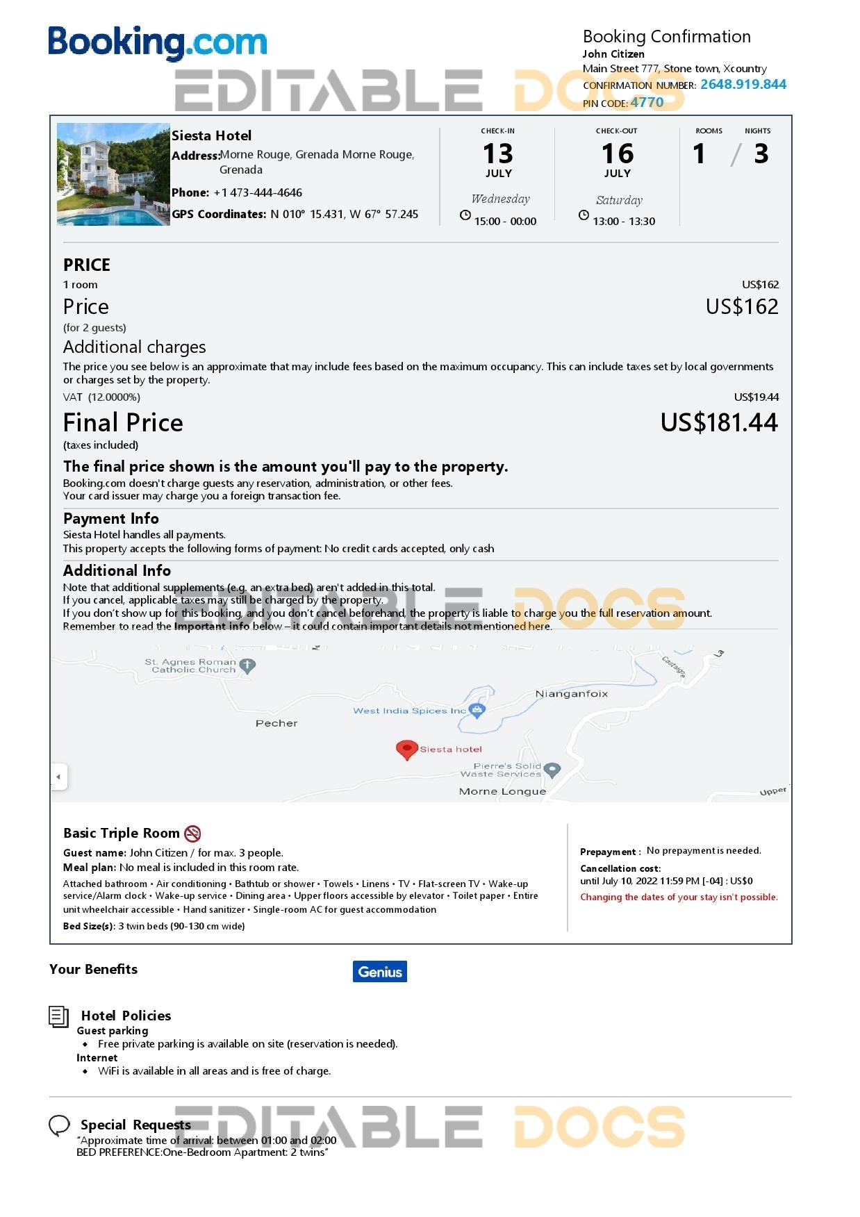 Editable Grenada Hotel Booking Form Template | Fillable PDF