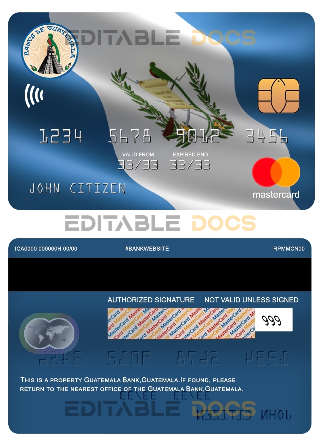 Editable Guatemala Banco de Guatemala bank mastercard Templates in PSD Format