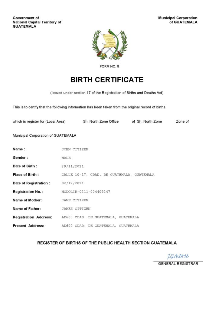 Guatemala birth certificate Word and PDF template, completely editable